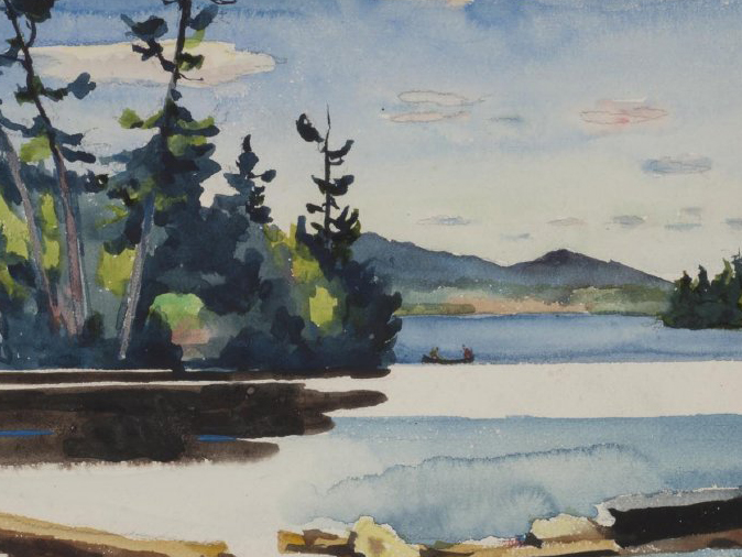 A painted view of Blue Mountain, at the center of the Adirondack Park, looking northeast from Blue Mountain Lake.
