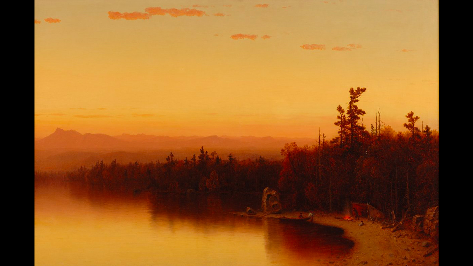 Twilight scene, lake entering from right foreground to left background reflects the sunset and brilliant sky which covers the upper half of the canvas.