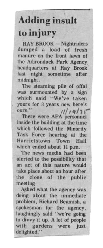 Newspaper clipping from Ray Brook, NY about the 1975 manure dumping incident at the APA headquarters.