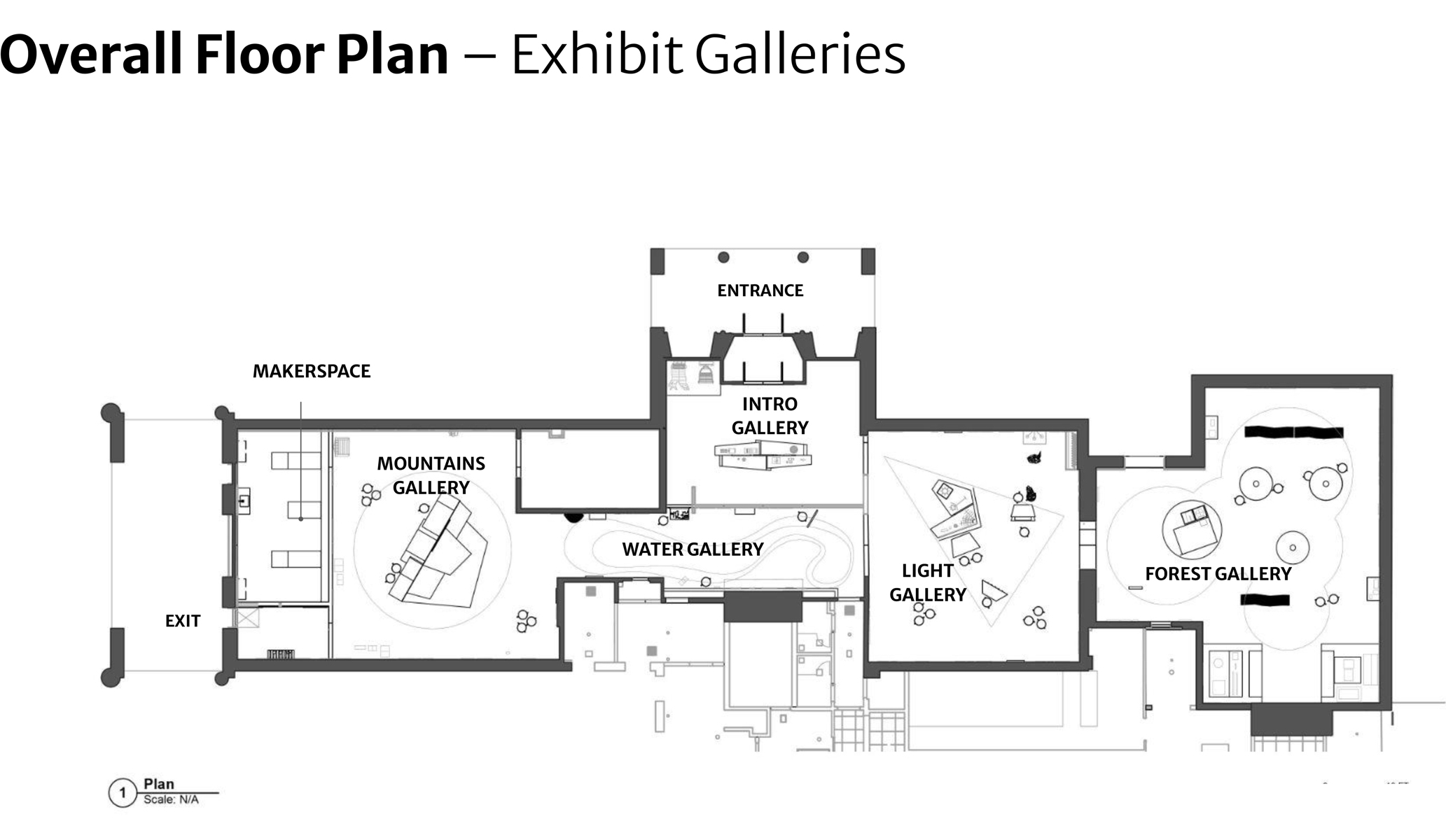 Black and white floor plan of the upcoming Artists & Inspiration in the Wild exhibit galleries.