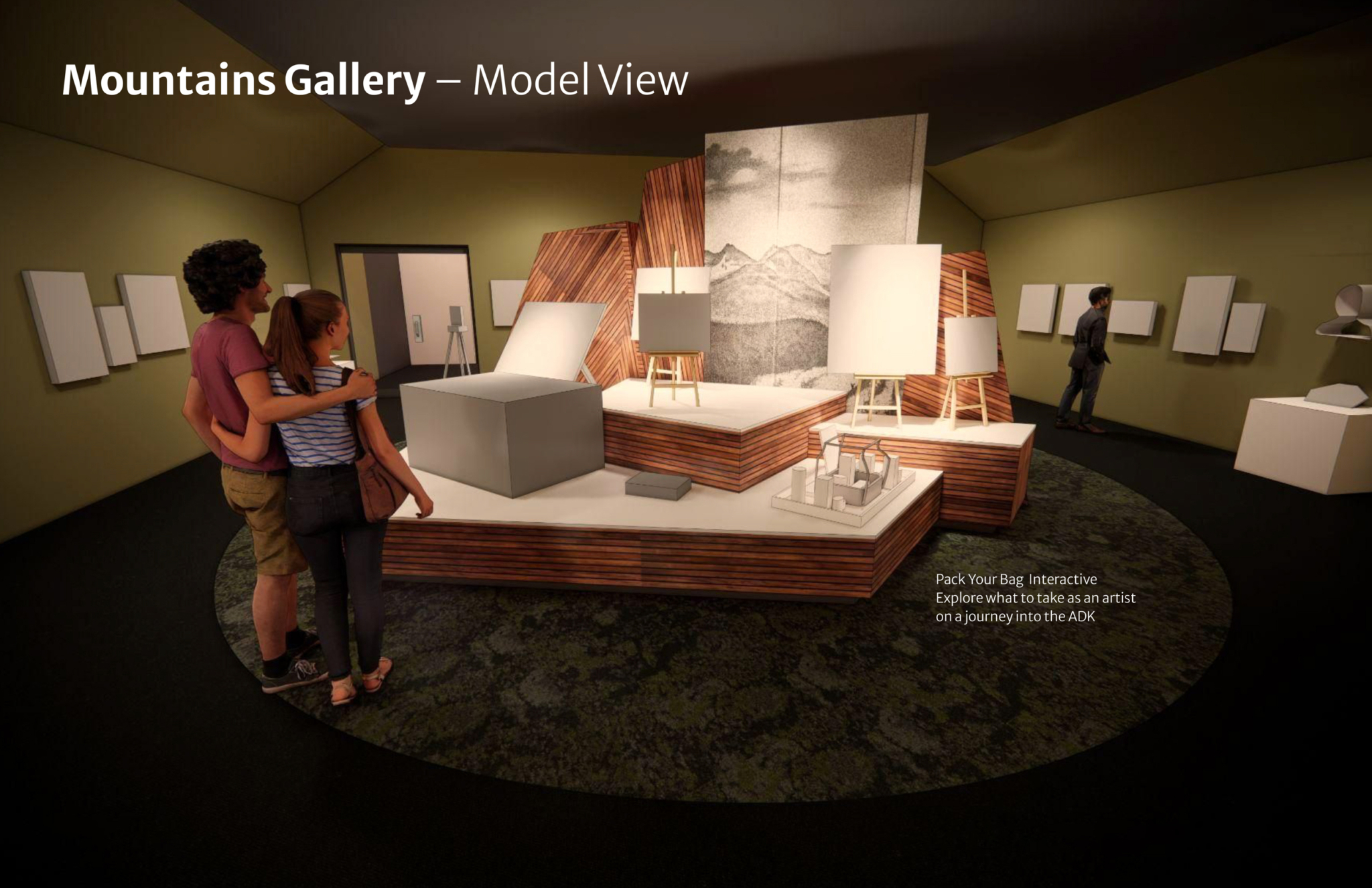 Rendering of the upcoming Artists & Inspiration in the Wild exhibition showing the Mountains Gallery.