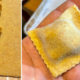 A split image showing scoops of filling for butternut squash ravioli and them an image of the assembled ravioli in the palm of a hand.