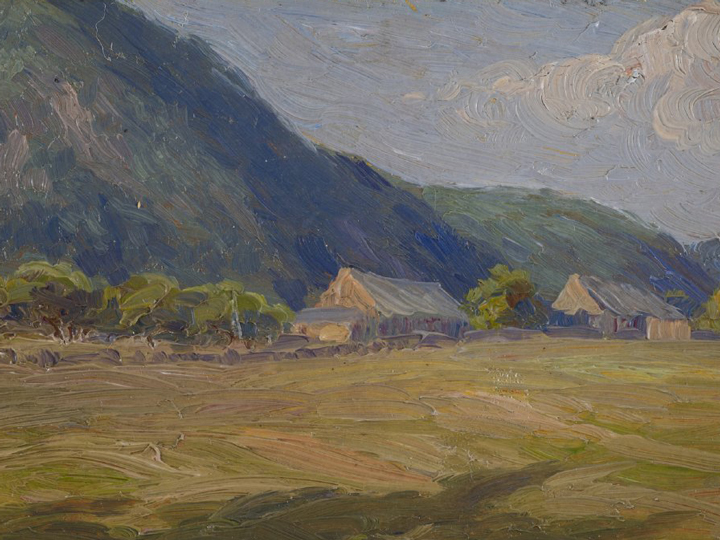 "Adirondack Farm" painting by Kay Pratt Campbell depicts a grassy field before a farm house and barn. These structures rest in front of a mountain chain. The sky is blue with fluffy clouds.