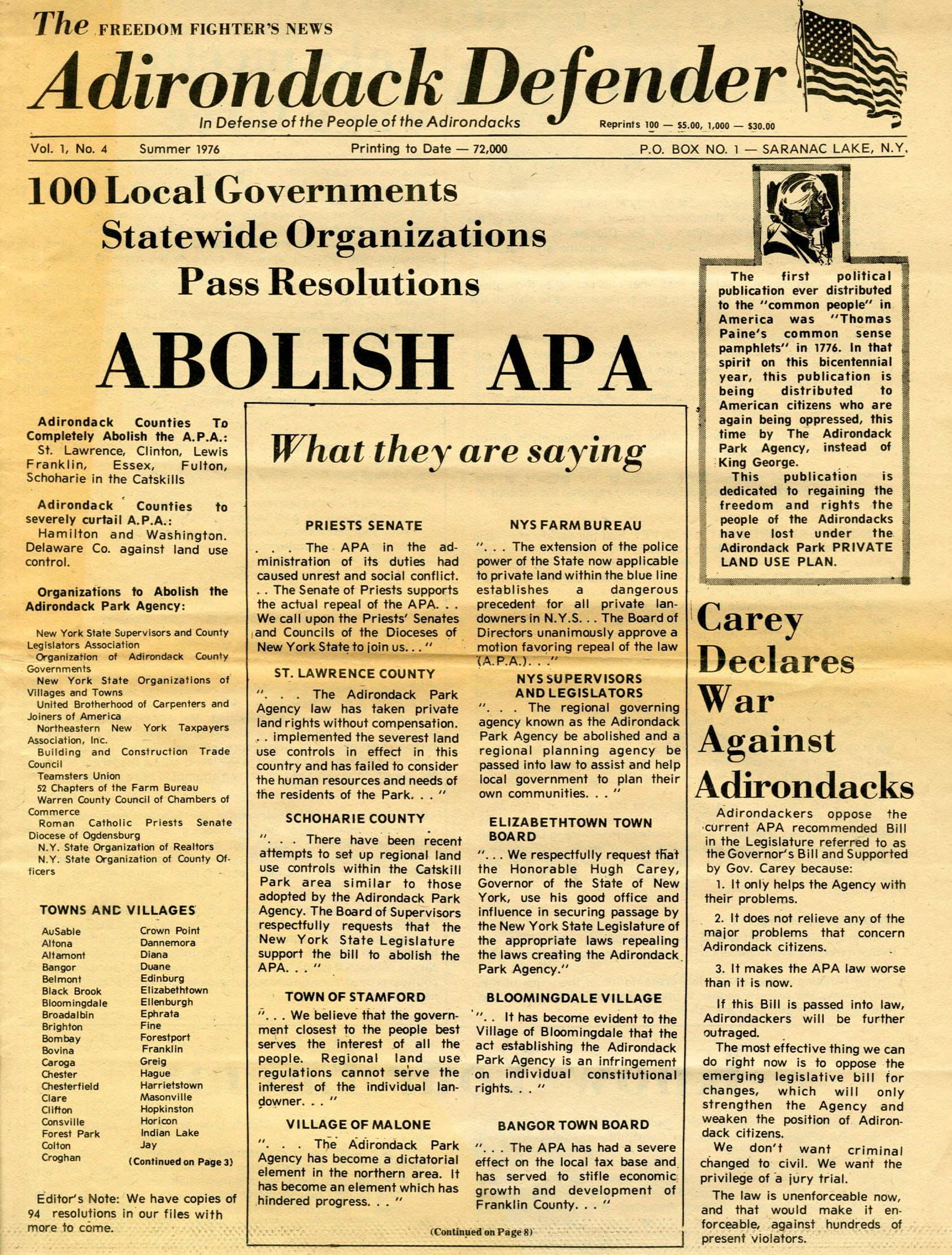 Front page of the Adirondack Defender Newspaper from the Summer 1976.