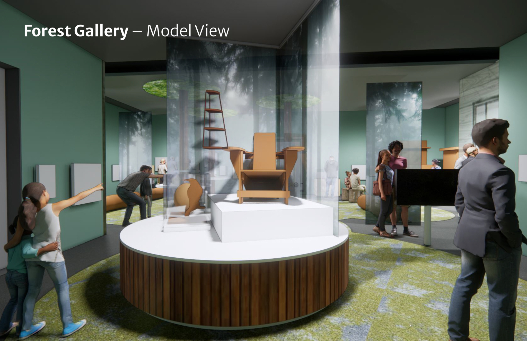 Rendering of the upcoming Artists & Inspiration in the Wild exhibition showing the Forest Gallery.