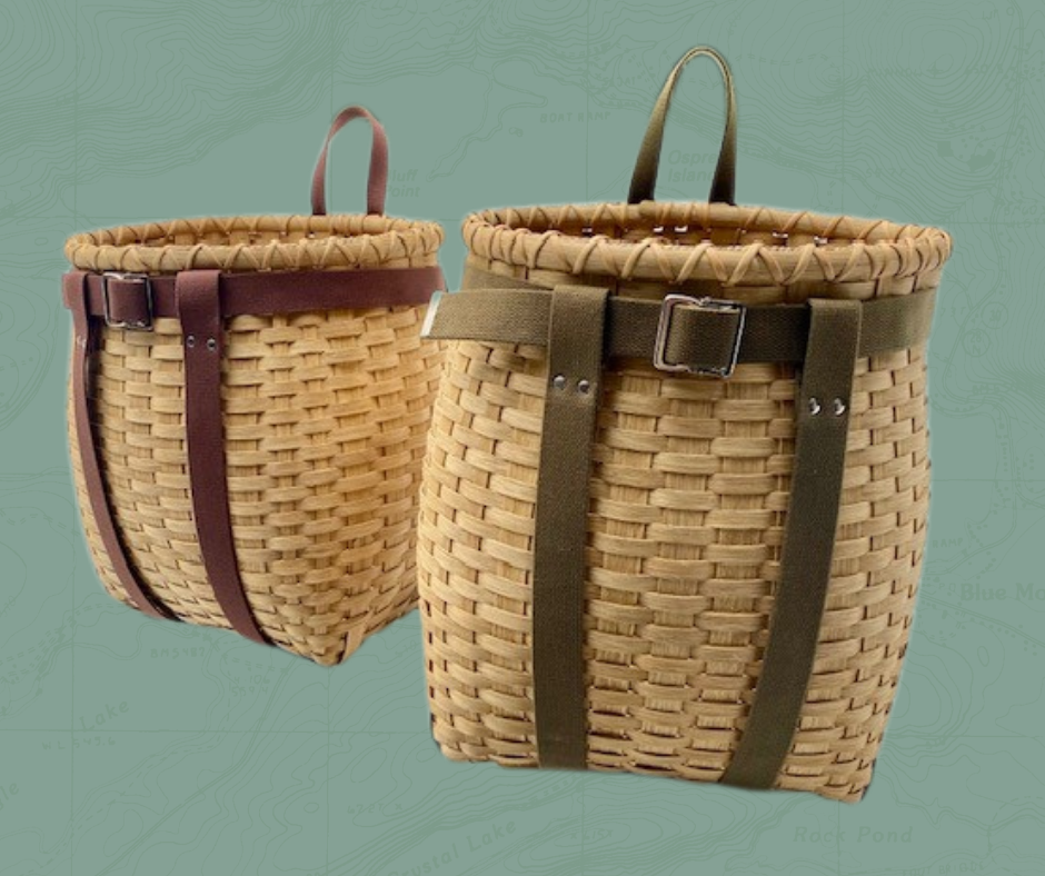 Two baskets with straps are displayed, one brown and one tan.