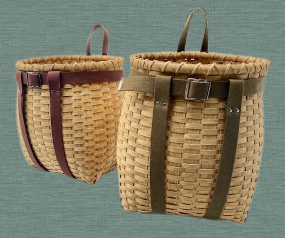 Two baskets with straps are displayed, one brown and one tan.